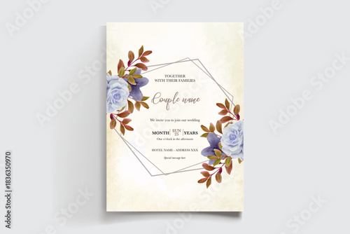 WEDDING INVITATION FRAME WITH FLOWER DECORATIONS AND FRESH LEAVES