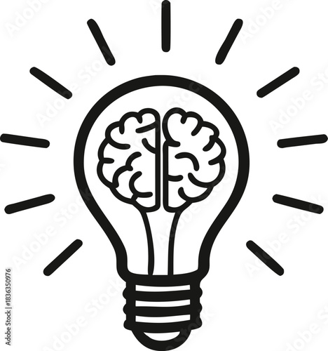 A lightbulb with a human brain inside emits black lines on a white background