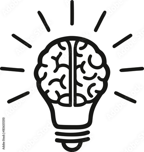 A stylized brain in a lightbulb emits radiating lines, indicating bright thinking and inspiration