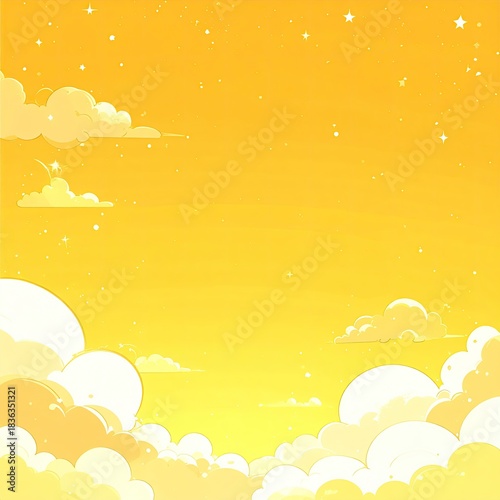A vibrant, cartoonish, yellow sunset sky with clouds