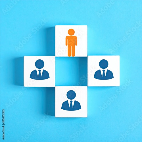 A cross-shaped arrangement of white cubes, each containing a person icon. One cube features an orange person, the others blue