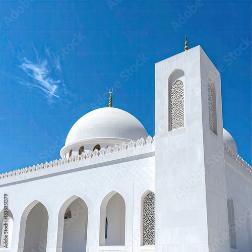 White mosque, dome, and minaret against a vibrant blue sky