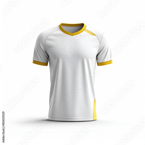 Blank white athletic shirt with gold accents