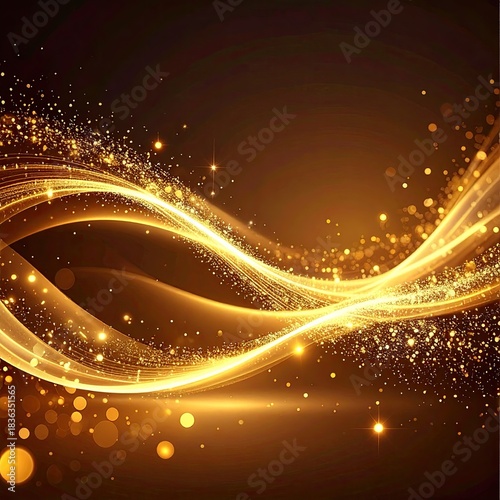 Golden wavy lines with sparkling particles on a dark background