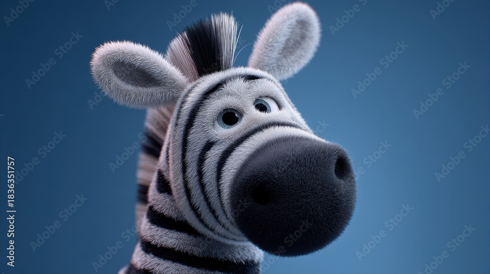 Obraz premium A cartoon zebra with fluffy fur and oversized eyes looks playfully at the viewer. The zebra's unique design features bold stripes and a friendly expression set against a smooth blue backdrop.