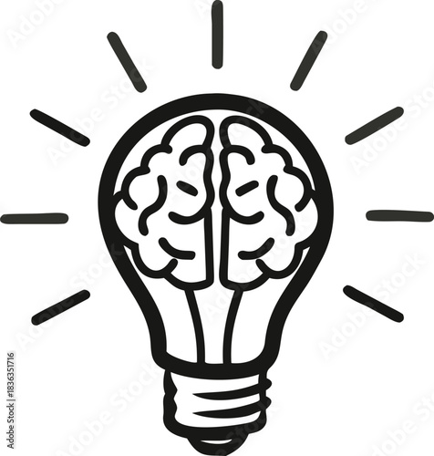 A black stylized brain inside a light bulb shines brightly against a white backdrop