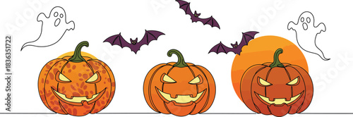 Three carved halloween pumpkins with spooky faces and glowing interiors sit on a white background with flying bats and ghostly figures in the background