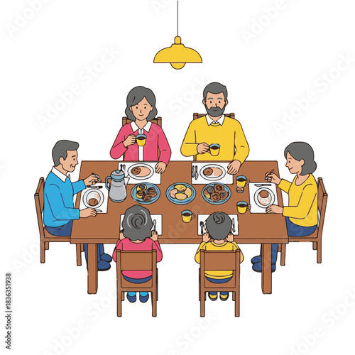 Family Gathering at the Dining Table: A heartwarming illustration of a family enjoying a meal together at a dining table, fostering togetherness and creating lasting memories.