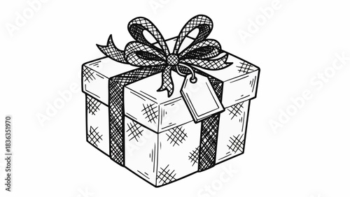 Hand drawn sketch illustration of a gift box with a ribbon bow.