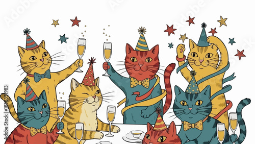 A group of happy cats celebrating with champagne and party hats.
