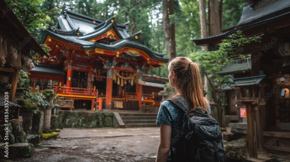 Obraz premium A traveler stands quietly gazing at a historic shrine nestled among tall trees. The site is peaceful and invites reflection showcasing traditional architecture.