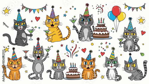 Set of Cute Cartoon Cats Celebrating a Birthday Party.