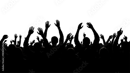 Horizontal Crowd of People at Concert Cheering with Hands Up, Black Silhouettes on White Background, High Contrast