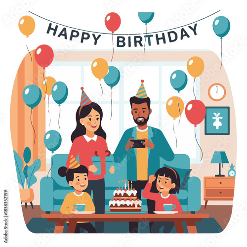 Family Celebration, Birthday Party, Home Living Room, Digital Image, Festive Atmosphere, Indoor View, Joyful Moment