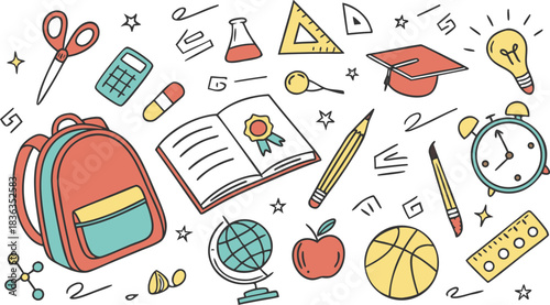 Set of Simple Cartoon School Things. colorful school-themed doodle vector illustration featuring a large collection of hand-drawn educational icons scattered around the canvas.