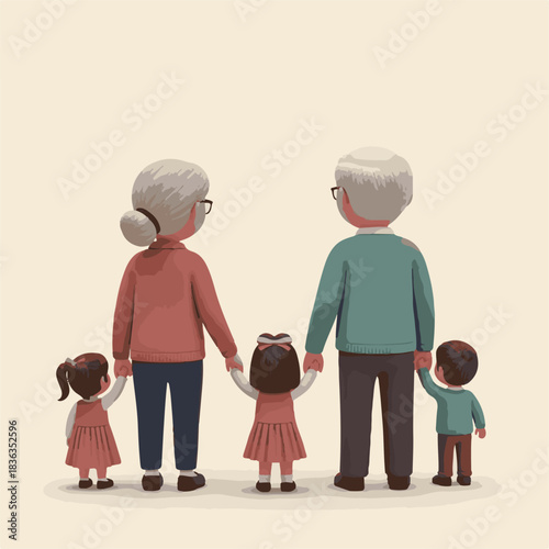 Family Gathering, Grandparents and Grandchildren, Home Setting, Illustration, Warm Environment, Rear View, Bonding Moment
