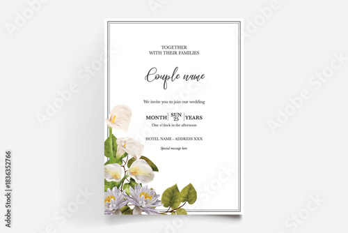 WEDDING INVITATION FRAME WITH FLOWER DECORATIONS AND FRESH LEAVES