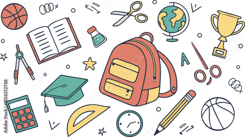 Set of Simple Cartoon School Things. colorful school-themed doodle vector illustration featuring a large collection of hand-drawn educational icons scattered around the canvas.