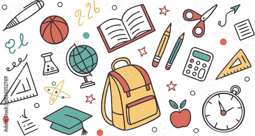Set of Simple Cartoon School Things. colorful school-themed doodle vector illustration featuring a large collection of hand-drawn educational icons scattered around the canvas.