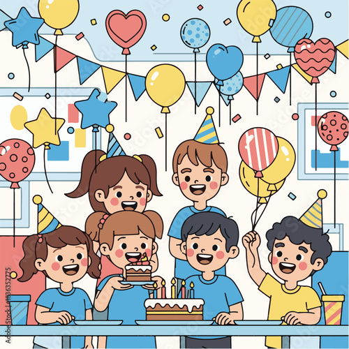 Birthday Celebration, Children, Home, Illustration, Joyful Environment, Close-Up View, Fun Moments