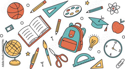 Set of Simple Cartoon School Things. colorful school-themed doodle vector illustration featuring a large collection of hand-drawn educational icons scattered around the canvas.