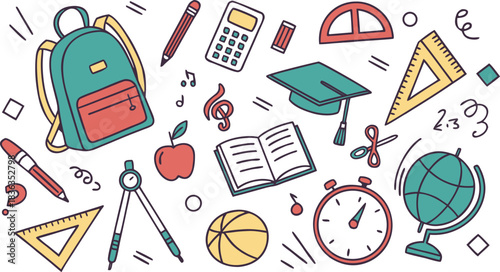 Set of Simple Cartoon School Things. colorful school-themed doodle vector illustration featuring a large collection of hand-drawn educational icons scattered around the canvas.