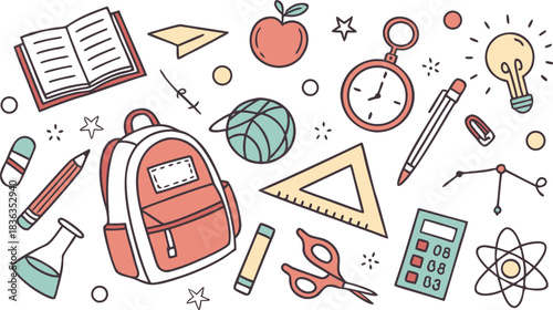 Set of Simple Cartoon School Things. colorful school-themed doodle vector illustration featuring a large collection of hand-drawn educational icons scattered around the canvas.