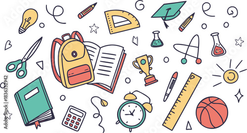 Set of Simple Cartoon School Things. colorful school-themed doodle vector illustration featuring a large collection of hand-drawn educational icons scattered around the canvas.