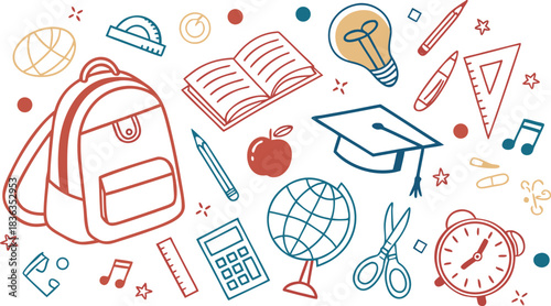 Set of Simple Cartoon School Things. colorful school-themed doodle vector illustration featuring a large collection of hand-drawn educational icons scattered around the canvas.