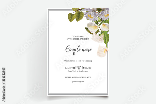 WEDDING INVITATION FRAME WITH FLOWER DECORATIONS AND FRESH LEAVES