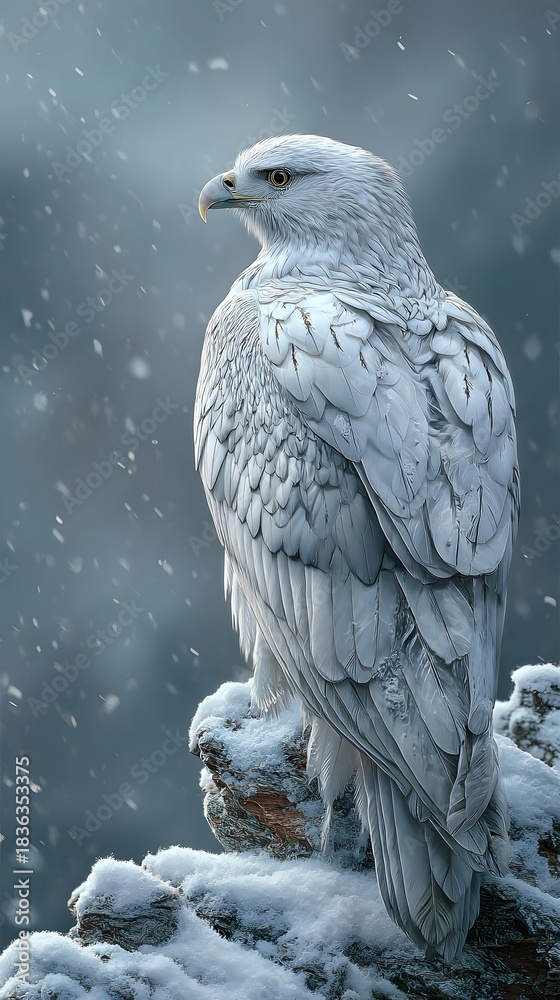 Obraz premium Majestic snowy owl perched on branch during winter snowfall portrait