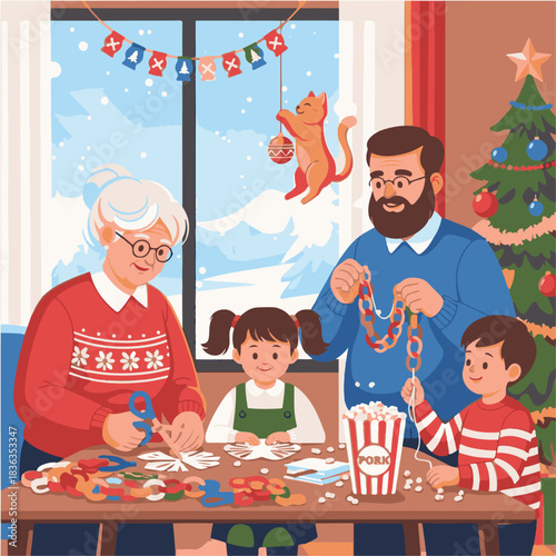 A family of four, including a grandmother, are crafting Christmas decorations together at a table near a window and decorated Christmas tree. A cat plays with ornaments.