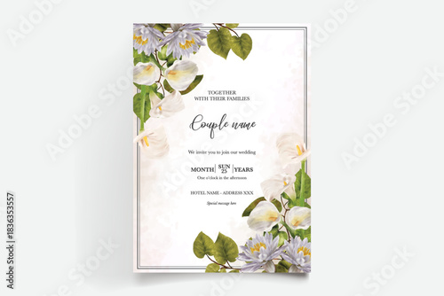 WEDDING INVITATION FRAME WITH FLOWER DECORATIONS AND FRESH LEAVES