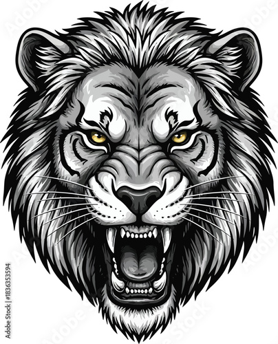 lion head vector illustration with yellow eyes. Aggressive wild animal mascot design featuring sharp fangs and detailed mane for sports logo or tattoo art.