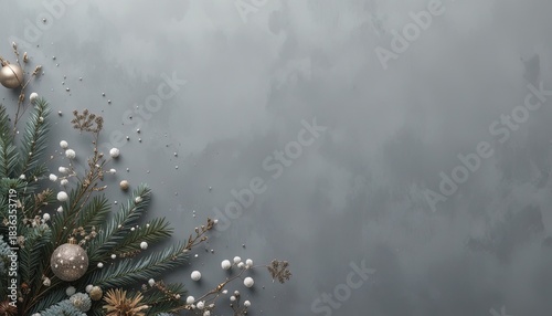 Elegant Christmas background with gold ornaments and fir branches for festive designs, holiday cards, and winter promotions, adding sophisticated charm