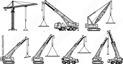 Heavy Lifting Equipment Vector Illustration Set, Different Types of Cranes Including Mobile, Tower, and Crawler for Construction and Industry, Line Art Icons