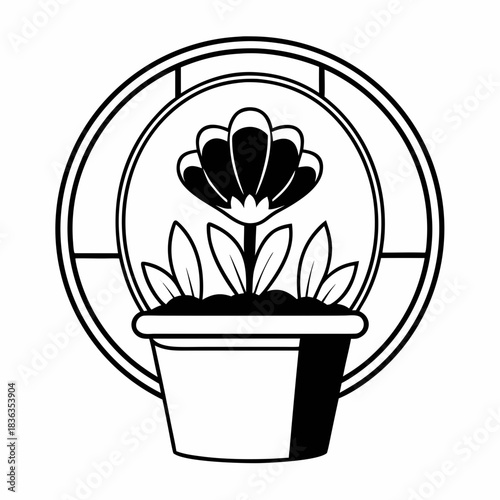 A flower in a pot with leaves inside a circular window frame in black and white line art illustration