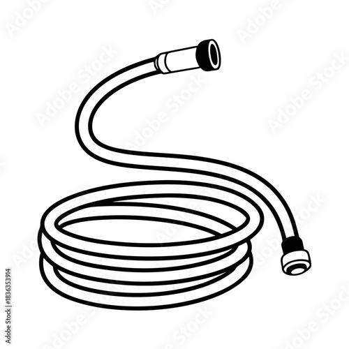 Illustration of a coiled garden hose with fittings on each end in black and white outline style design