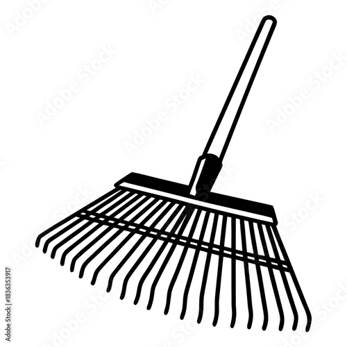 Illustration of a leaf rake with a long handle and many tines for gathering leaves in a yard or garden area