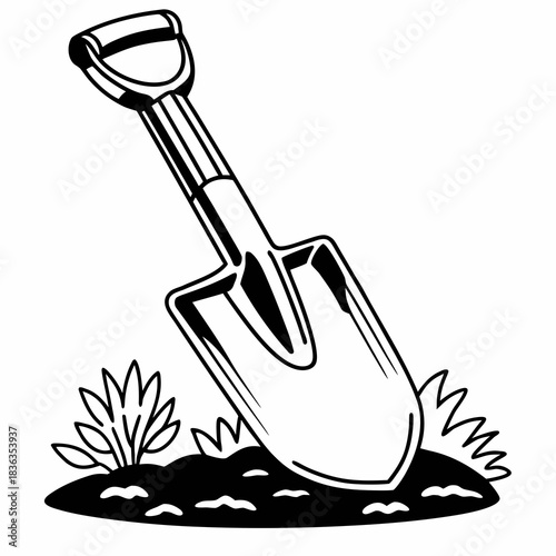 Illustration of a shovel digging into the ground with small plants around it in black and white style