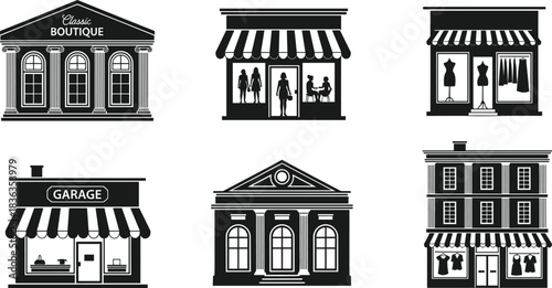 Set of Classic and Modern Shop Fronts Vector, Boutique, Garage, and Townhouse Commercial Buildings, Black Silhouette Icons for Retail Business and Real Estate