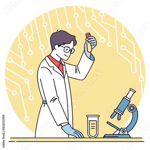 An asian scientist in a lab coat examines a test tube over a microscope