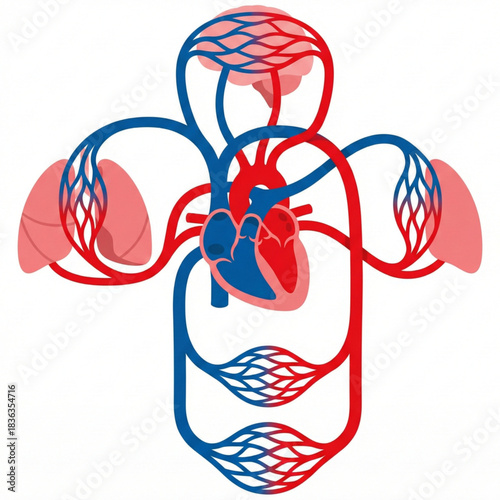 Detailed circulatory system illustration for medical education, showing the heart, lungs, brain and blood flow for health and wellness promotion