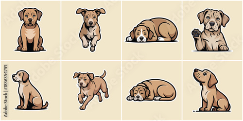 Adorable Brown Puppy and Domestic Dog Activity Icon Collection Showing Play Run Rest and Sleep for Pet Store Marketing Veterinary Services Children Content and Animal Lover Designs