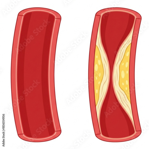 Compare healthy artery versus artery with plaque buildup showing potential risks of heart disease and stroke, promoting wellness and preventative care