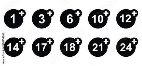 vector logo sets age limit sign, underage restriction, prohibition icon, age icon 1, 3, 6, 12, 14, 17, 18, 21, 24 years and above.