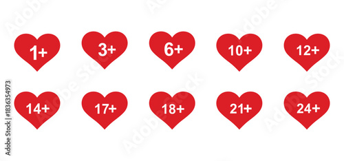 vector logo sets age limit sign, underage restriction, prohibition icon, age icon 1, 3, 6, 12, 14, 17, 18, 21, 24 years and above.