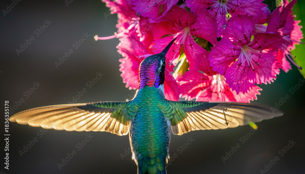 Naklejka premium A vibrant hummingbird with outstretched wings approaches bright pink flowers. Symbolizes energy, grace, natures beauty, and precision. Great for nature blogs, and travel.