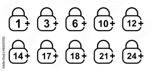 vector logo sets age limit sign, underage restriction, prohibition icon, age icon 1, 3, 6, 12, 14, 17, 18, 21, 24 years and above.