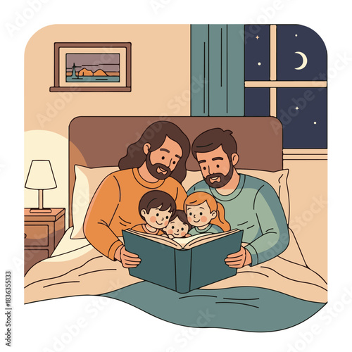 Two fathers are reading a storybook to their two children in bed at night, with a window showing the moon and stars.
